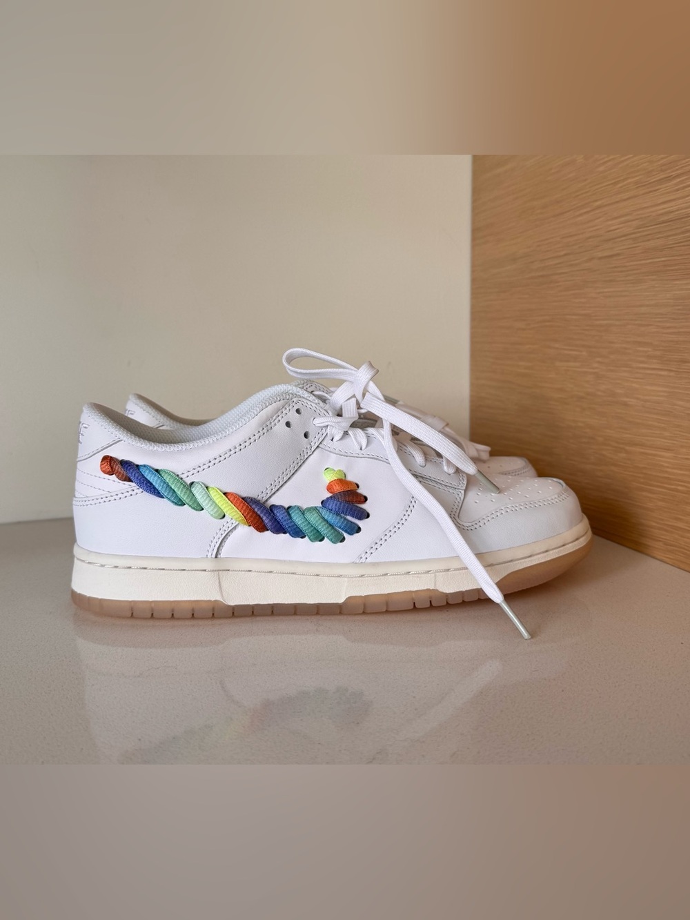 Nike Dunk Low SE White with Rainbow Braided Swoosh - Size 8.5